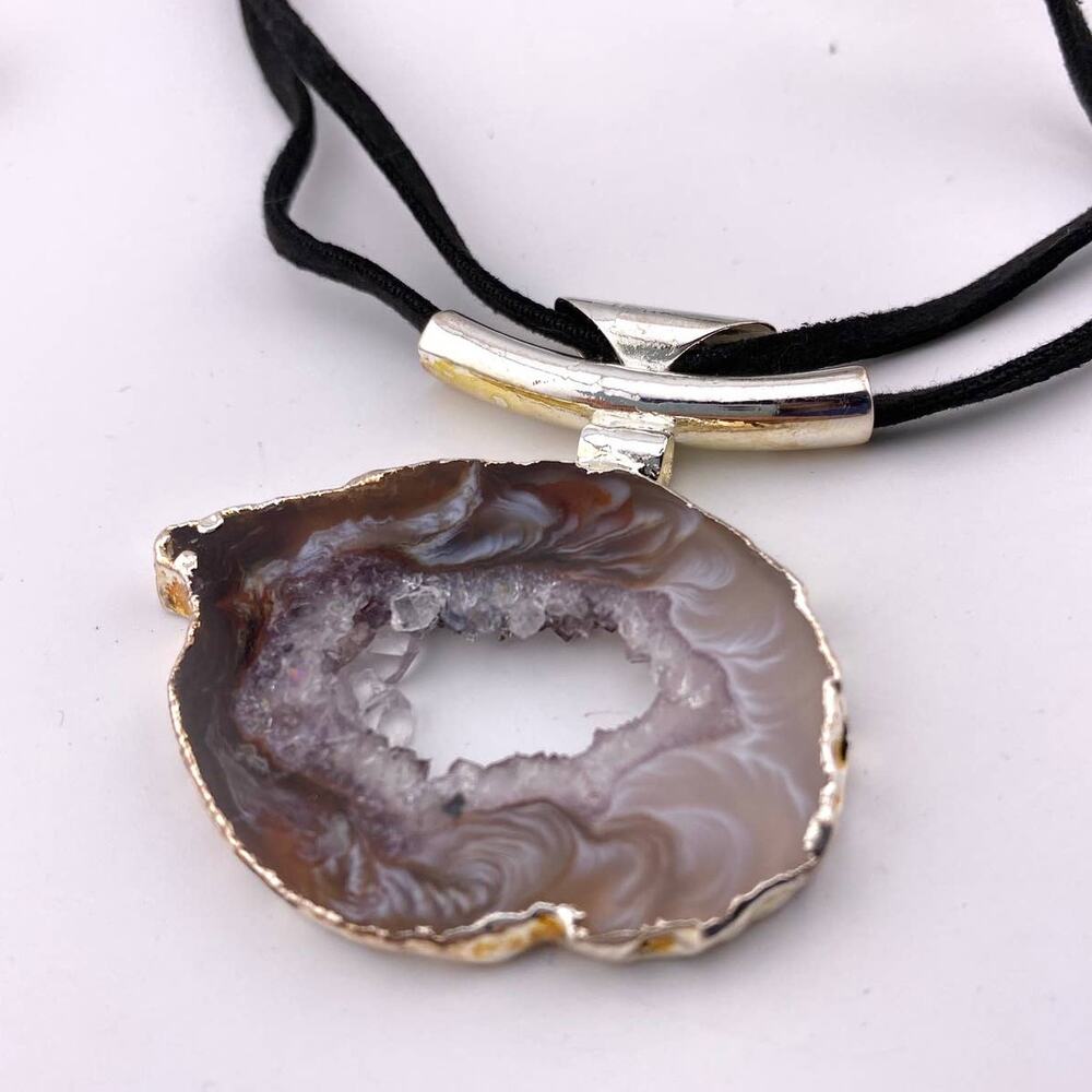 Genuine Natural Agate Geode Pendant with Raw Leather Chain
